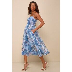Lulus Cherished Aura Blue Multi Floral Organza Bustier Midi Dress - Size XXL